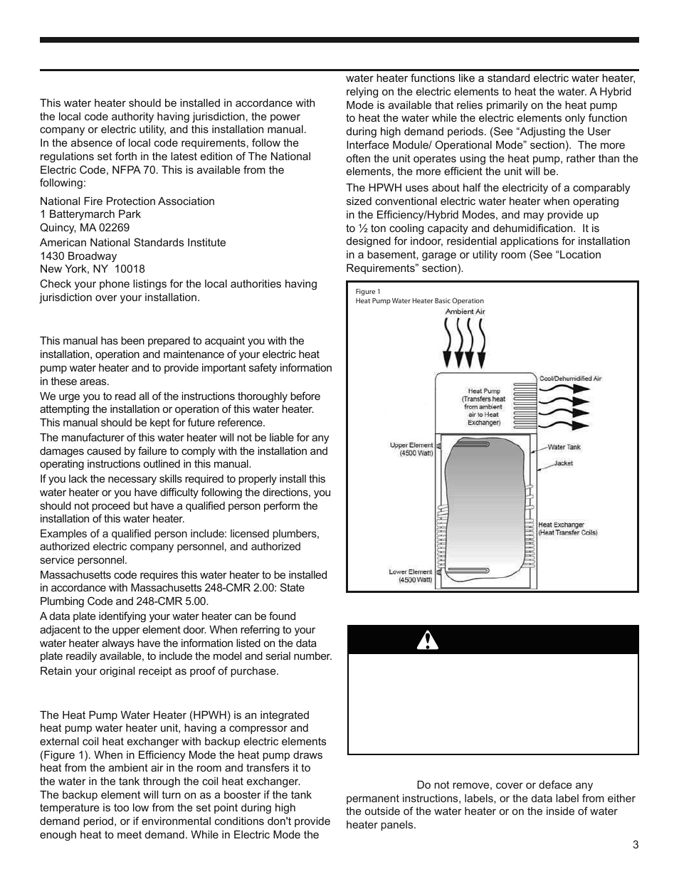 Installing your water heater, Warning, Consumer information | Consumer responsibilities, Basic operation fundamentals, Unpacking the water heater | State SPX 50 DHPT User Manual | Page 3 / 20