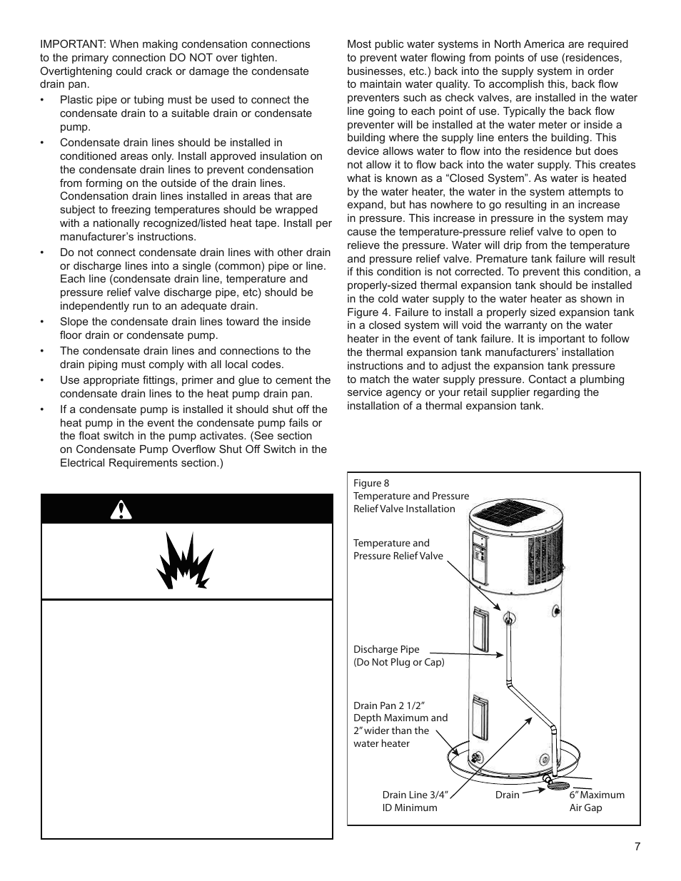Warning, Temperature and pressure relief valve, Closed system/thermal expansion | State SPX 50 DHPT User Manual | Page 7 / 20