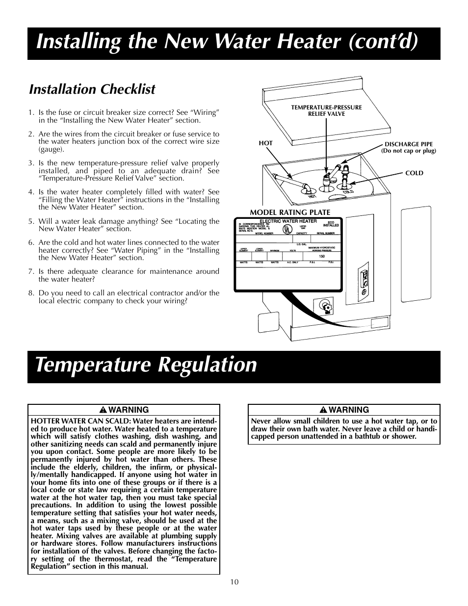 Temperature regulation, Installing the new water heater (cont’d), Installation checklist | State P6 40 20T4 W User Manual | Page 10 / 20