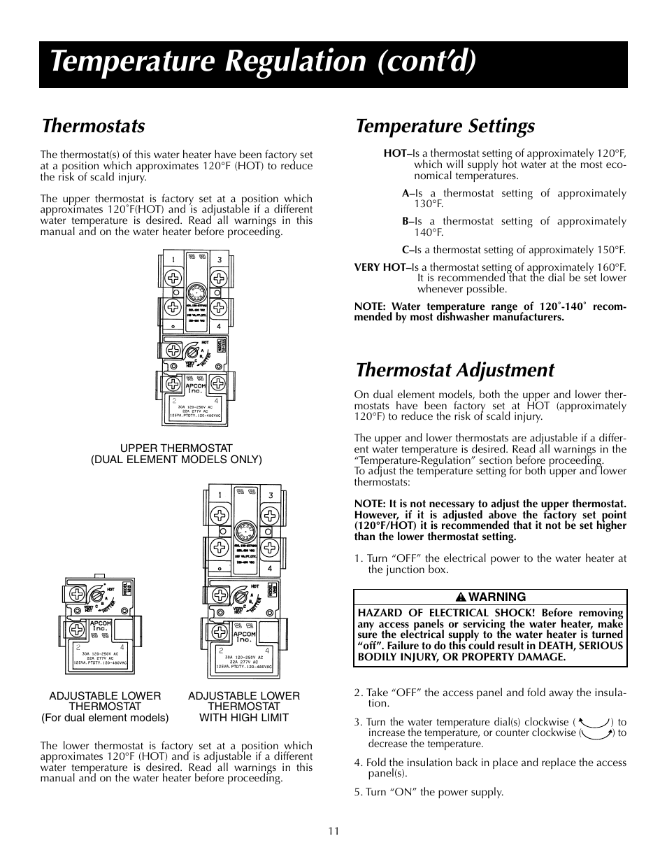 Temperature regulation (cont’d), Temperature settings, Thermostat adjustment | Thermostats | State P6 40 20T4 W User Manual | Page 11 / 20