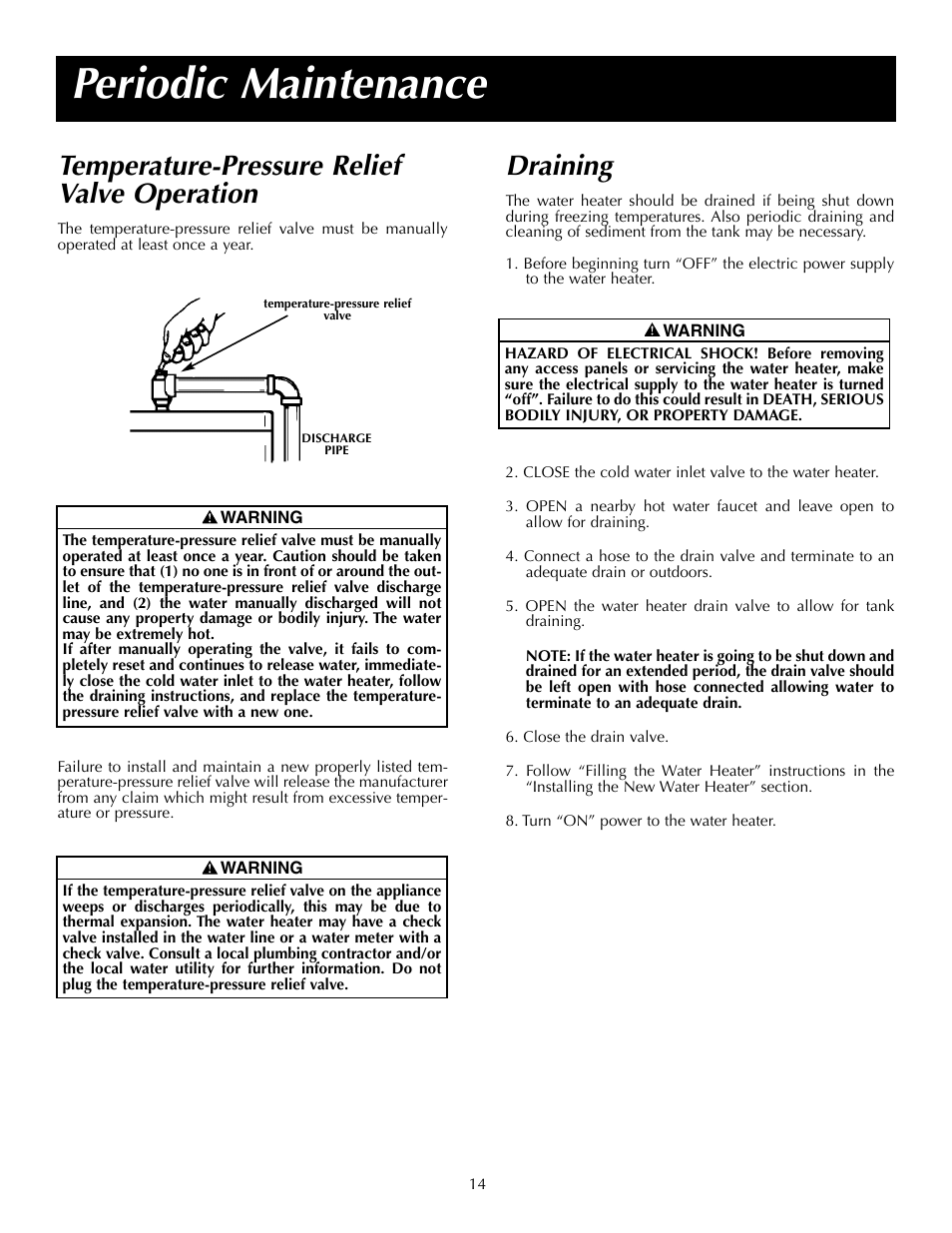 Periodic maintenance, Temperature-pressure relief valve operation, Draining | State P6 40 20T4 W User Manual | Page 14 / 20
