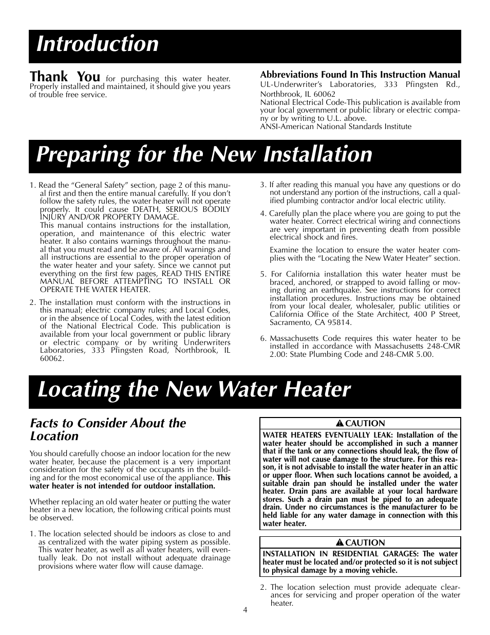 Introduction preparing for the new installation, Locating the new water heater, Facts to consider about the location | State P6 40 20T4 W User Manual | Page 4 / 20