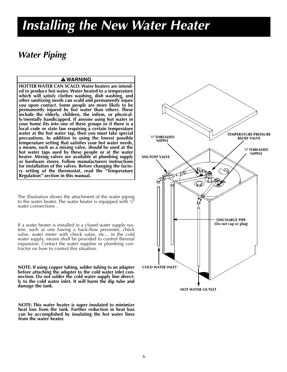 Installing the new water heater, Water piping | State P6 40 20T4 W User Manual | Page 6 / 20