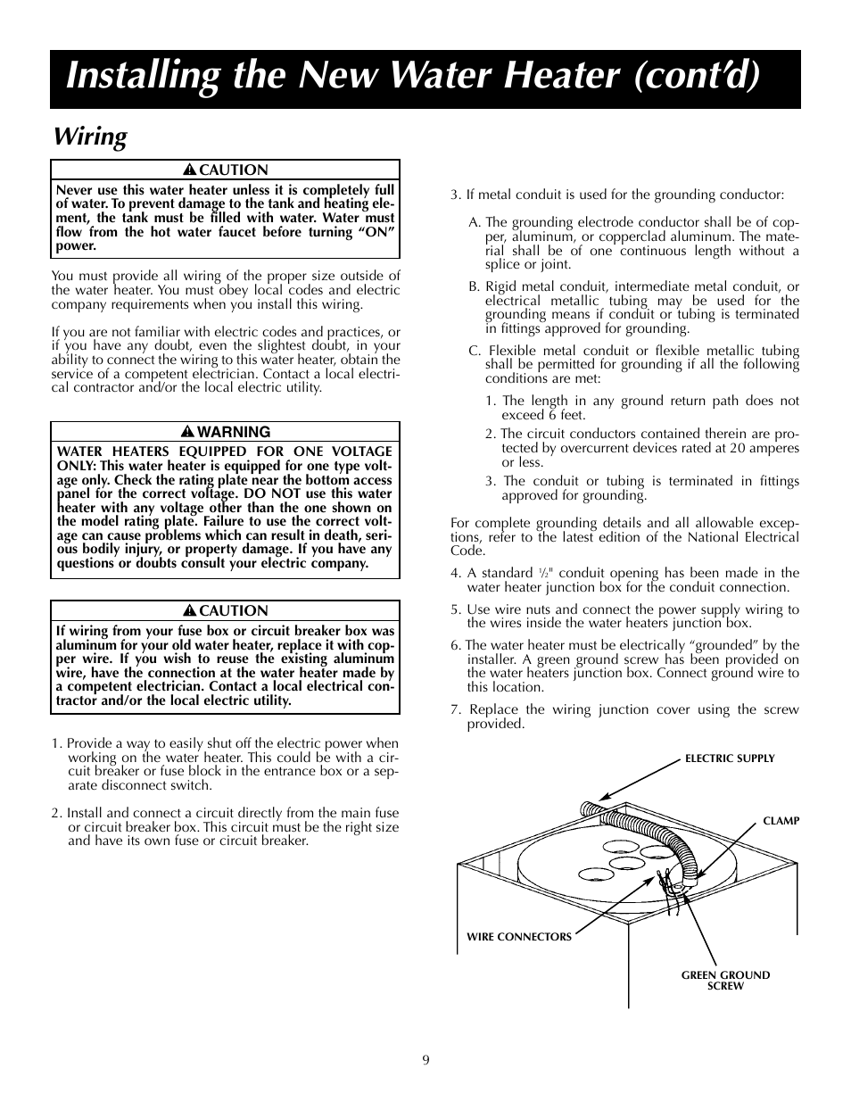 Installing the new water heater (cont’d), Wiring | State P6 40 20T4 W User Manual | Page 9 / 20