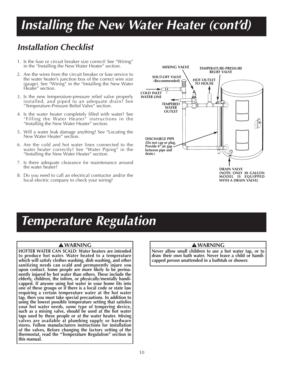 Temperature regulation, Installing the new water heater (cont’d), Installation checklist | State P6 20 10 MS K User Manual | Page 10 / 20