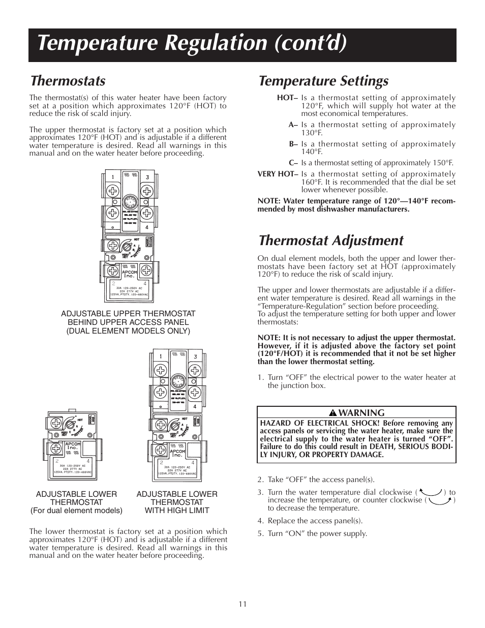Temperature regulation (cont’d), Temperature settings, Thermostat adjustment | Thermostats | State P6 20 10 MS K User Manual | Page 11 / 20