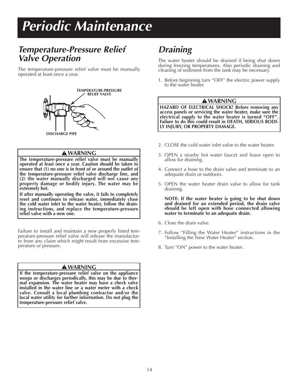 Periodic maintenance, Temperature-pressure relief valve operation, Draining | State P6 20 10 MS K User Manual | Page 14 / 20