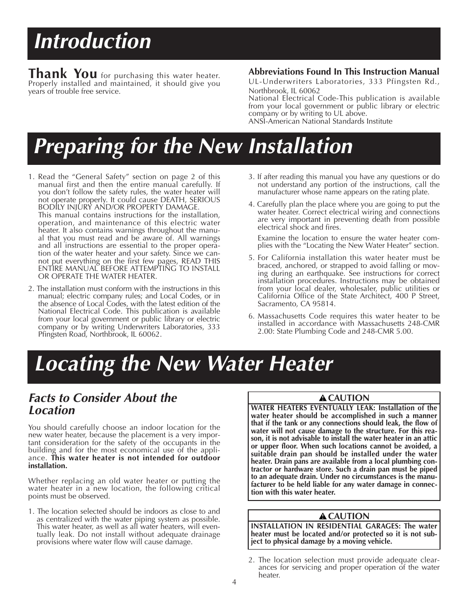 Introduction preparing for the new installation, Locating the new water heater, Facts to consider about the location | State P6 20 10 MS K User Manual | Page 4 / 20