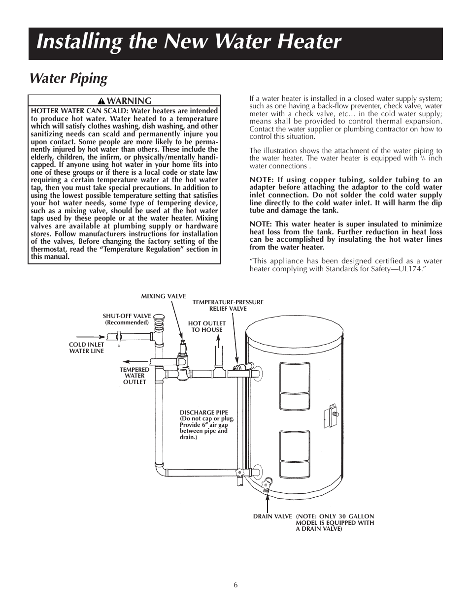 Installing the new water heater, Water piping, Warning | State P6 20 10 MS K User Manual | Page 6 / 20
