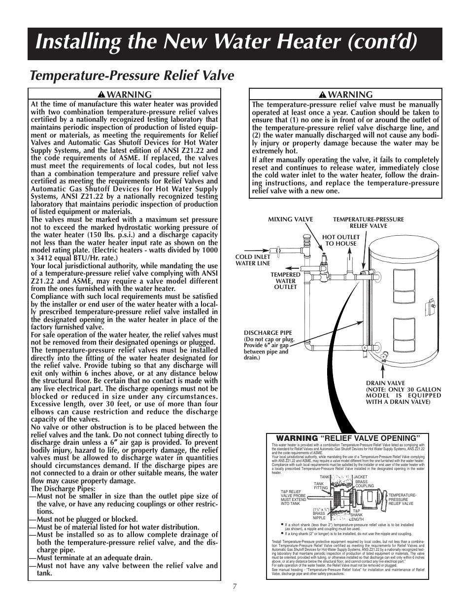 Installing the new water heater (cont’d), Temperature-pressure relief valve, Warning | State P6 20 10 MS K User Manual | Page 7 / 20