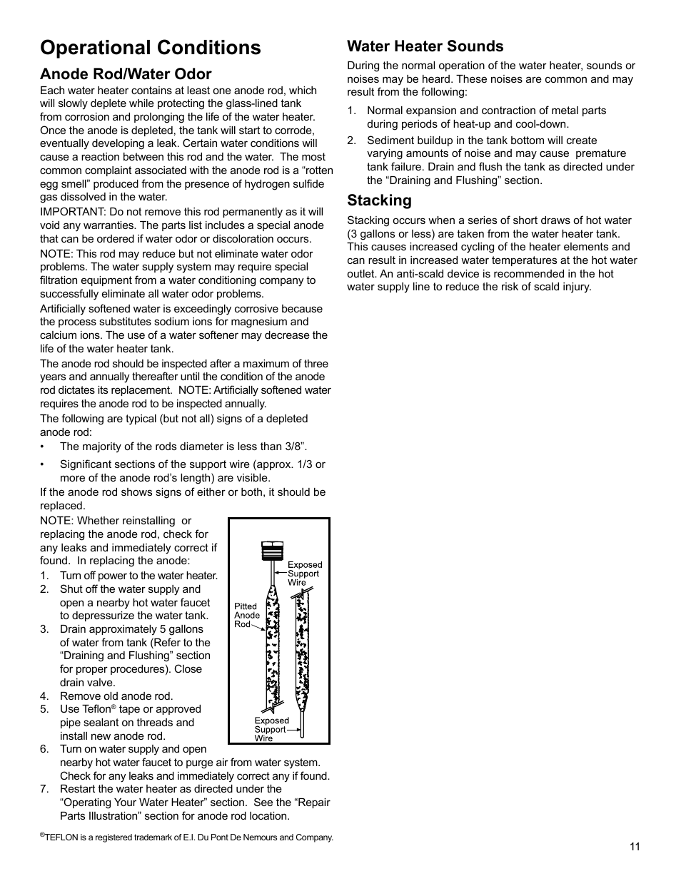 Operational conditions, Anode rod/water odor, Water heater sounds | Stacking | State MHEW2-40R-035D User Manual | Page 11 / 16