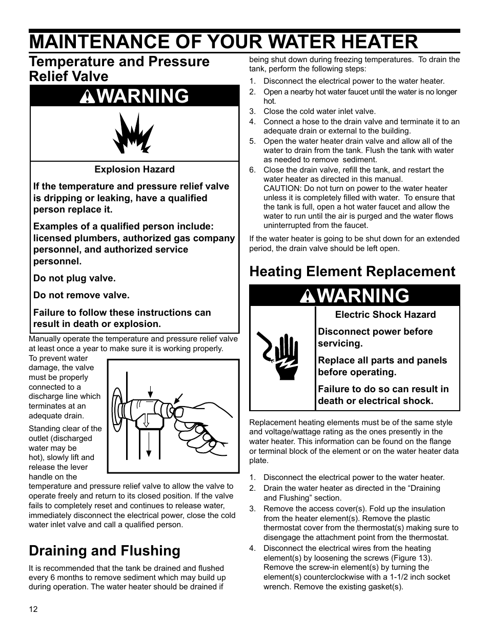 Maintenance of your water heater, Warning, Temperature and pressure relief valve | Draining and flushing, Heating element replacement | State MHEW2-40R-035D User Manual | Page 12 / 16