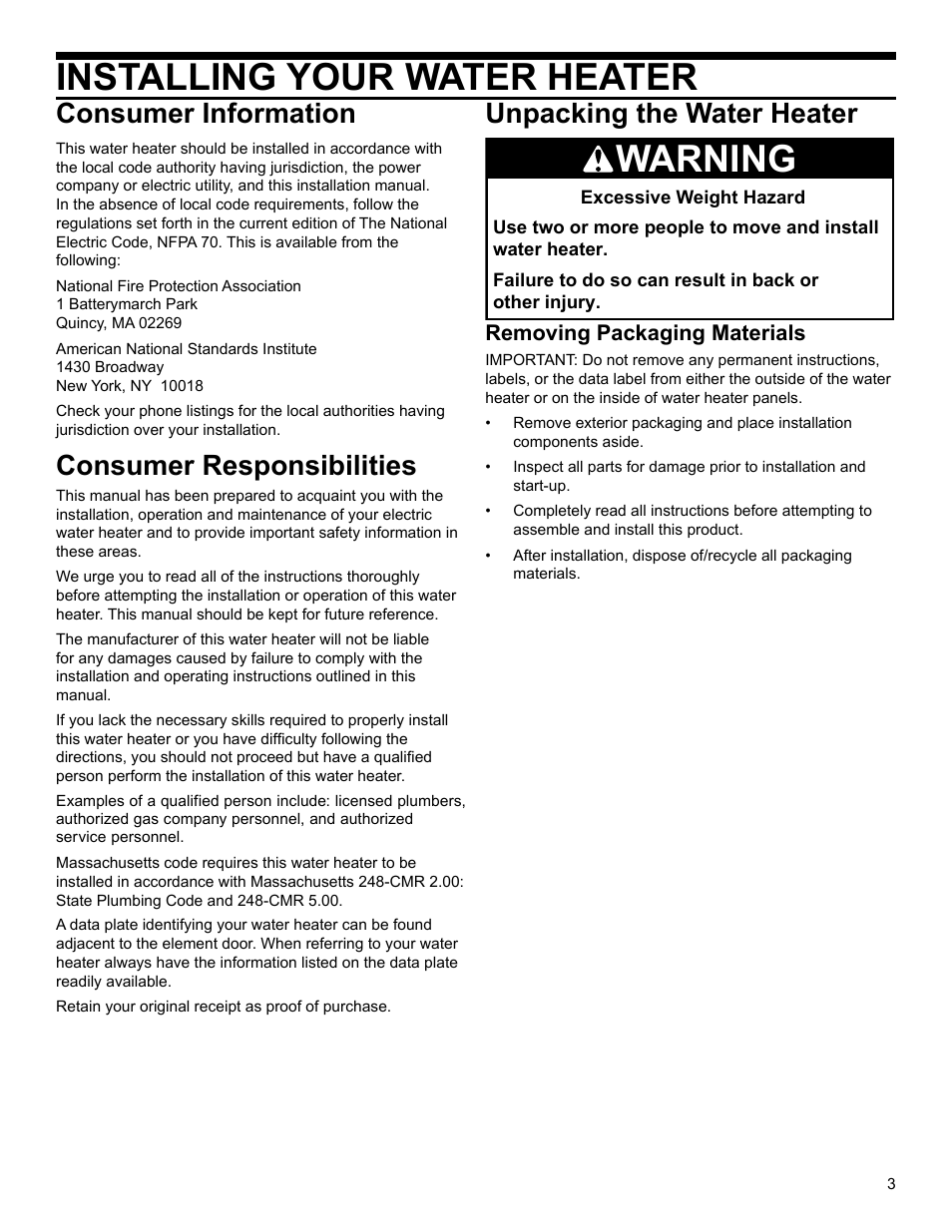 Installing your water heater, Warning, Consumer information | Consumer responsibilities, Unpacking the water heater | State MHEW2-40R-035D User Manual | Page 3 / 16