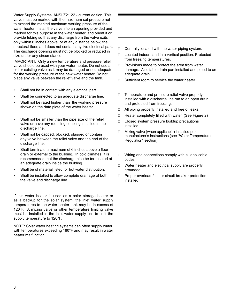 Installation checklist, Solar installation, Water heater location | Water system piping, Electrical connections | State MHEW2-40R-035D User Manual | Page 8 / 16