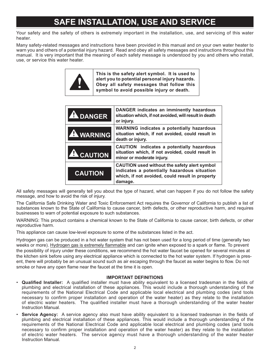 Safe installation, use and service, Danger warning caution, Caution | State Standard Systems User Manual | Page 2 / 40