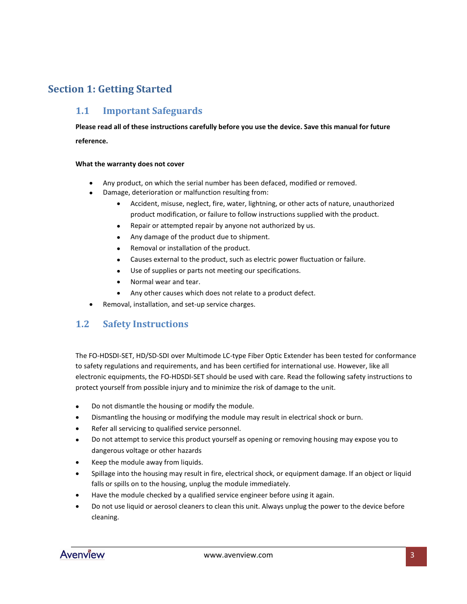 Section 1: getting started, Important safeguards, Safety instructions | 1 important safeguards, 2 safety instructions | Avenview FO-HDSDI-SET User Manual | Page 3 / 10