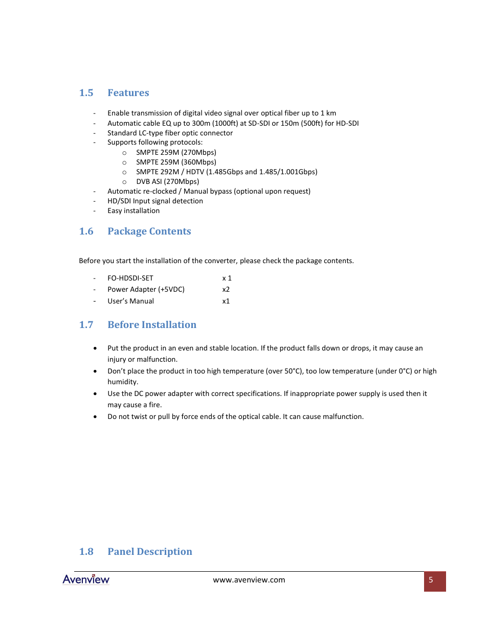 Features, Package contents, Before installation | Panel description, 5 features, 6 package contents, 7 before installation, 8 panel description | Avenview FO-HDSDI-SET User Manual | Page 5 / 10