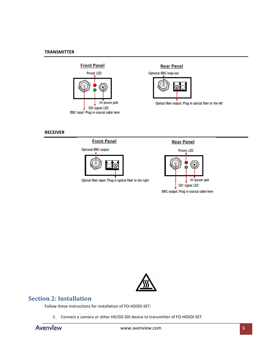 Section 2: installation | Avenview FO-HDSDI-SET User Manual | Page 6 / 10