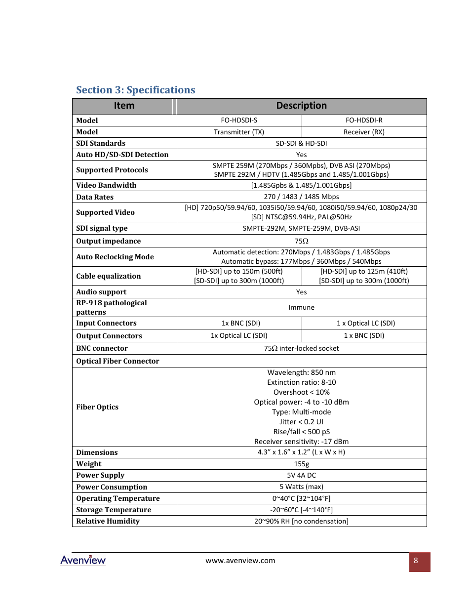 Section 3: specifications | Avenview FO-HDSDI-SET User Manual | Page 8 / 10