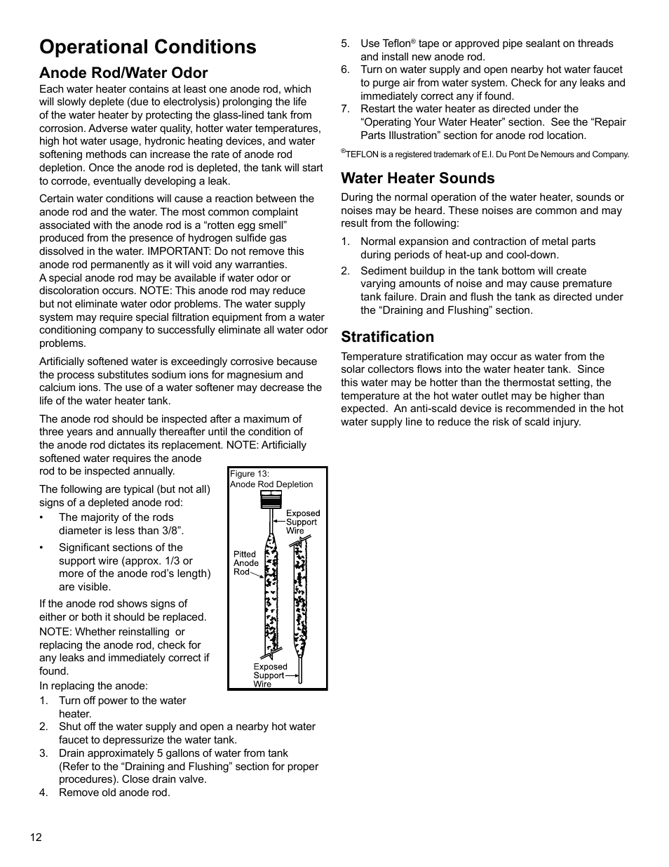 Operational conditions, Anode rod/water odor, Water heater sounds | Stratifi cation | State SBV 65 10TS User Manual | Page 12 / 16