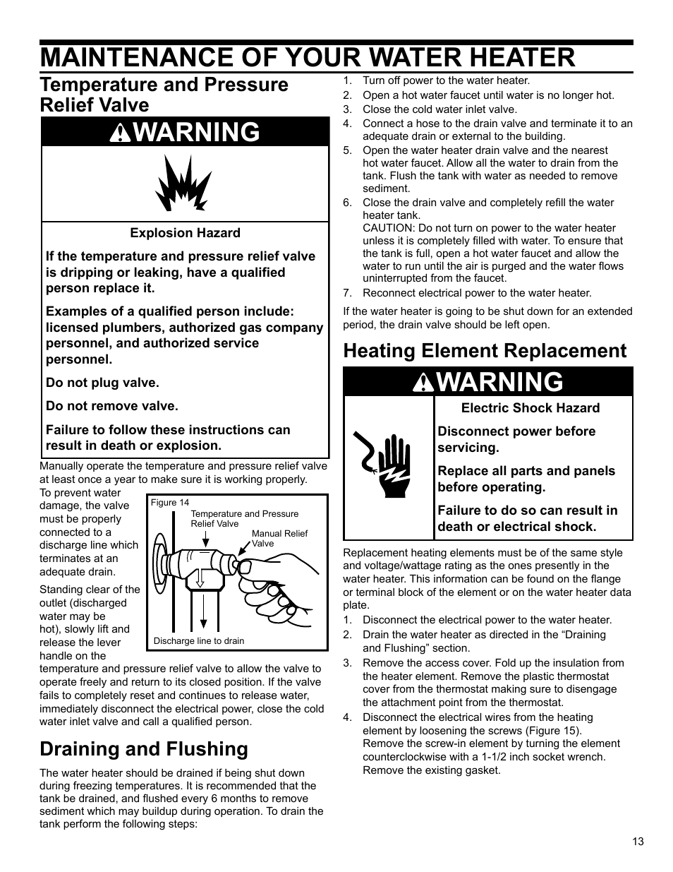 Maintenance of your water heater, Warning, Temperature and pressure relief valve | Draining and flushing, Heating element replacement | State SBV 65 10TS User Manual | Page 13 / 16