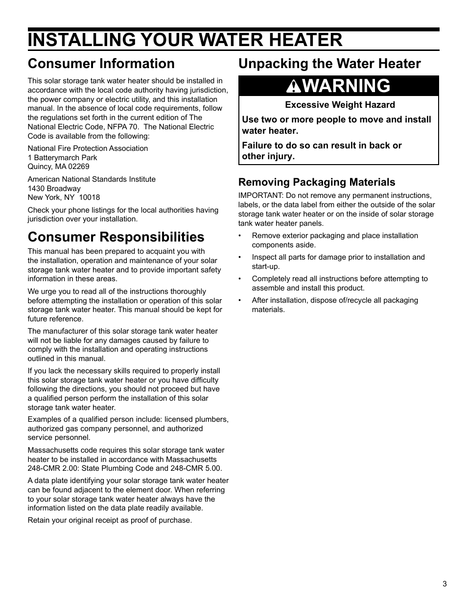 Installing your water heater, Warning, Consumer information | Consumer responsibilities, Unpacking the water heater | State SBV 65 10TS User Manual | Page 3 / 16