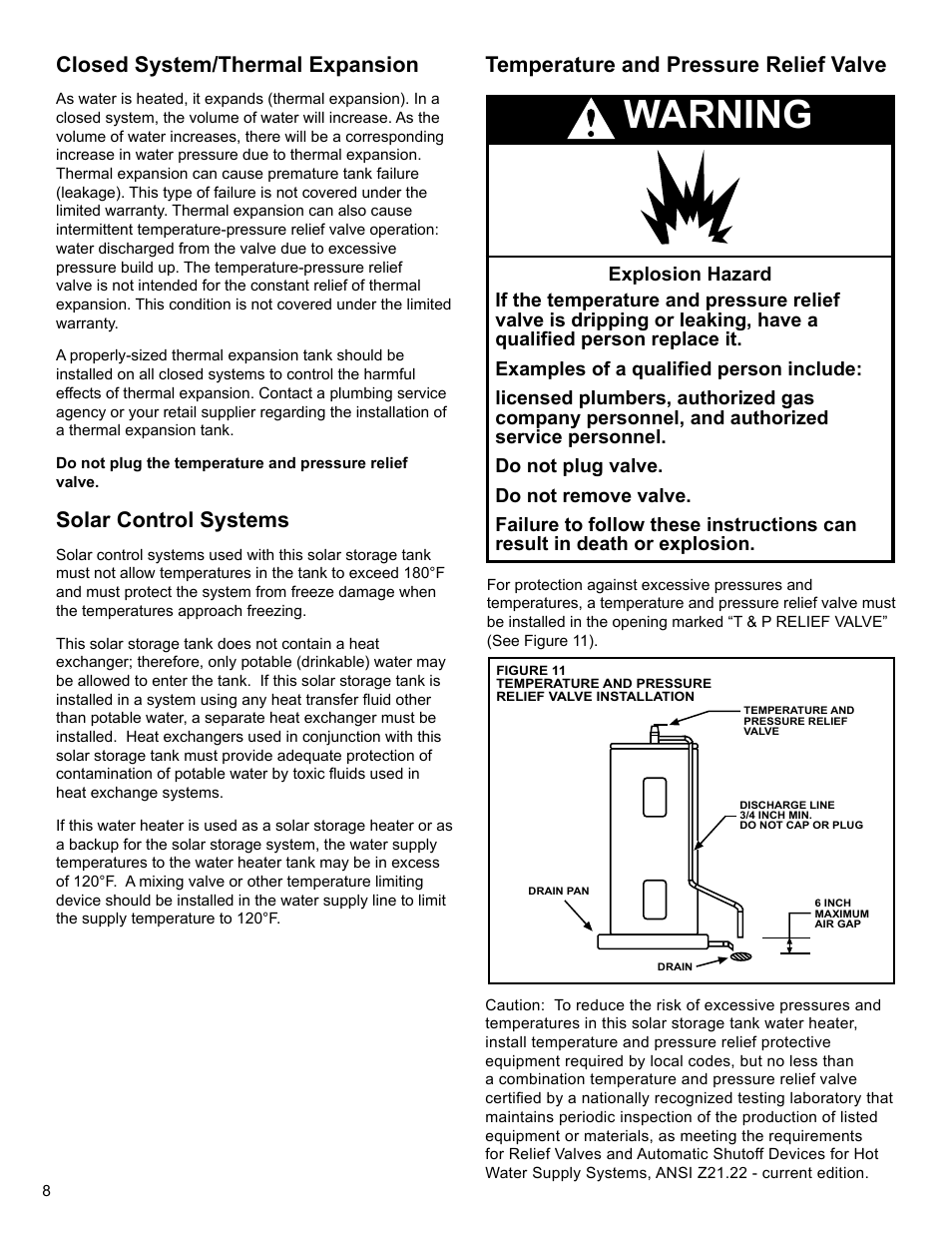 Warning, Closed system/thermal expansion, Solar control systems | Temperature and pressure relief valve | State SBV 65 10TS User Manual | Page 8 / 16