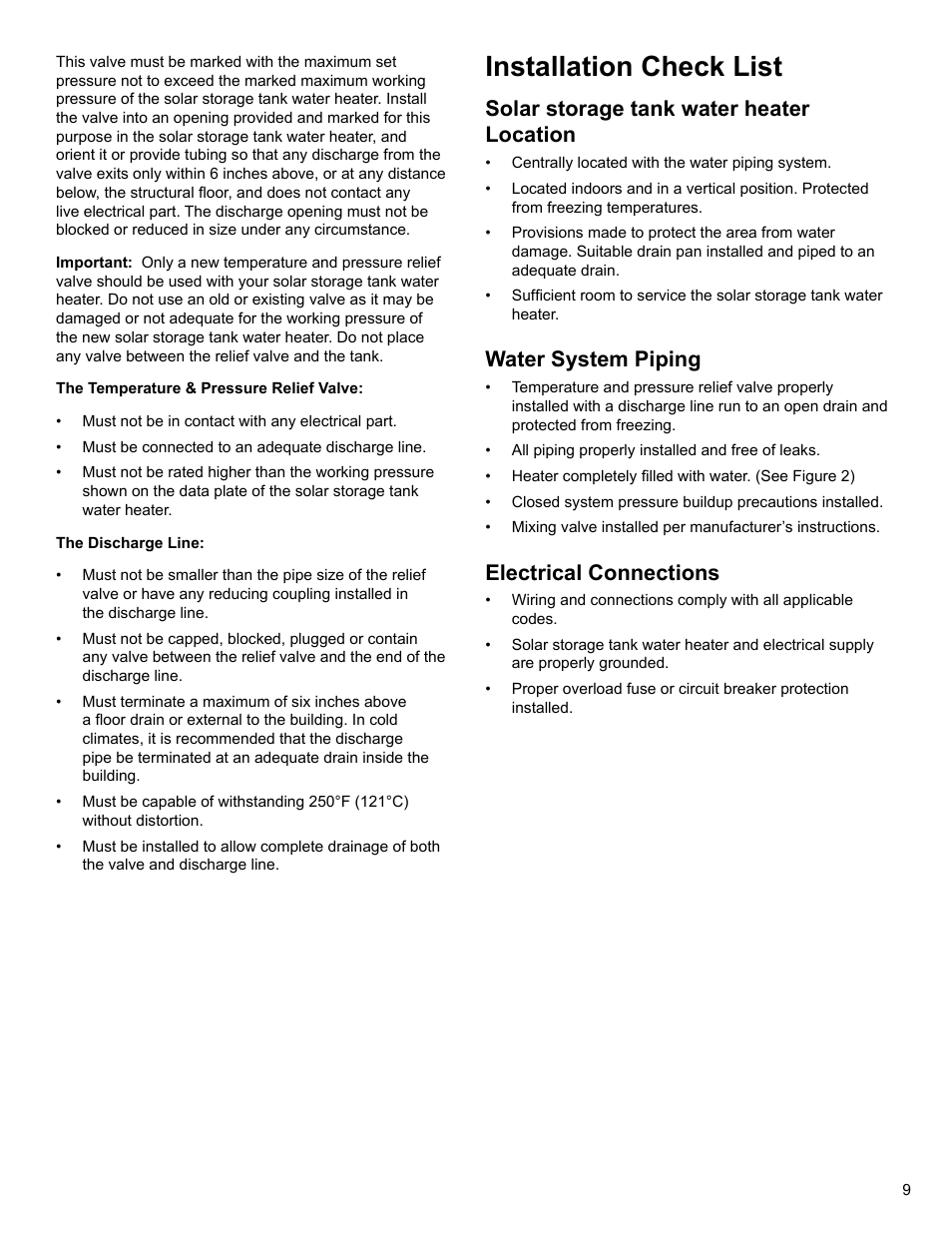 Installation check list, Solar storage tank water heater location, Water system piping | Electrical connections | State SBV 65 10TS User Manual | Page 9 / 16