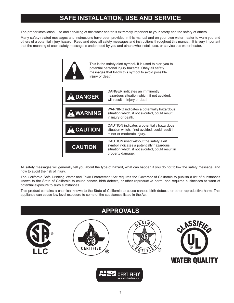Safe installation, use and service, Approvals, Danger warning caution caution | State SSX100 User Manual | Page 3 / 72