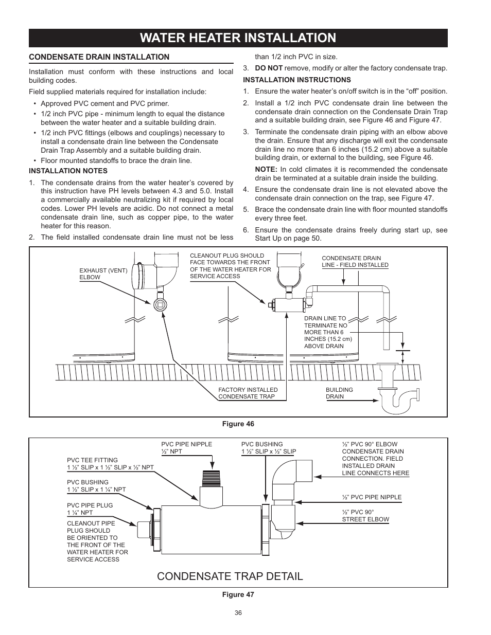 Water heater installation, Condensate trap detail | State SSX100 User Manual | Page 36 / 72