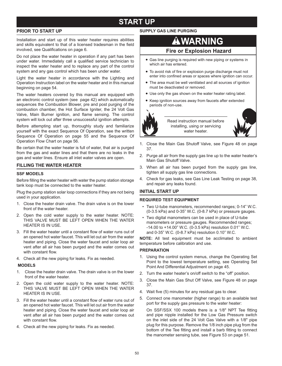 Start up, Fire or explosion hazard | State SSX100 User Manual | Page 50 / 72