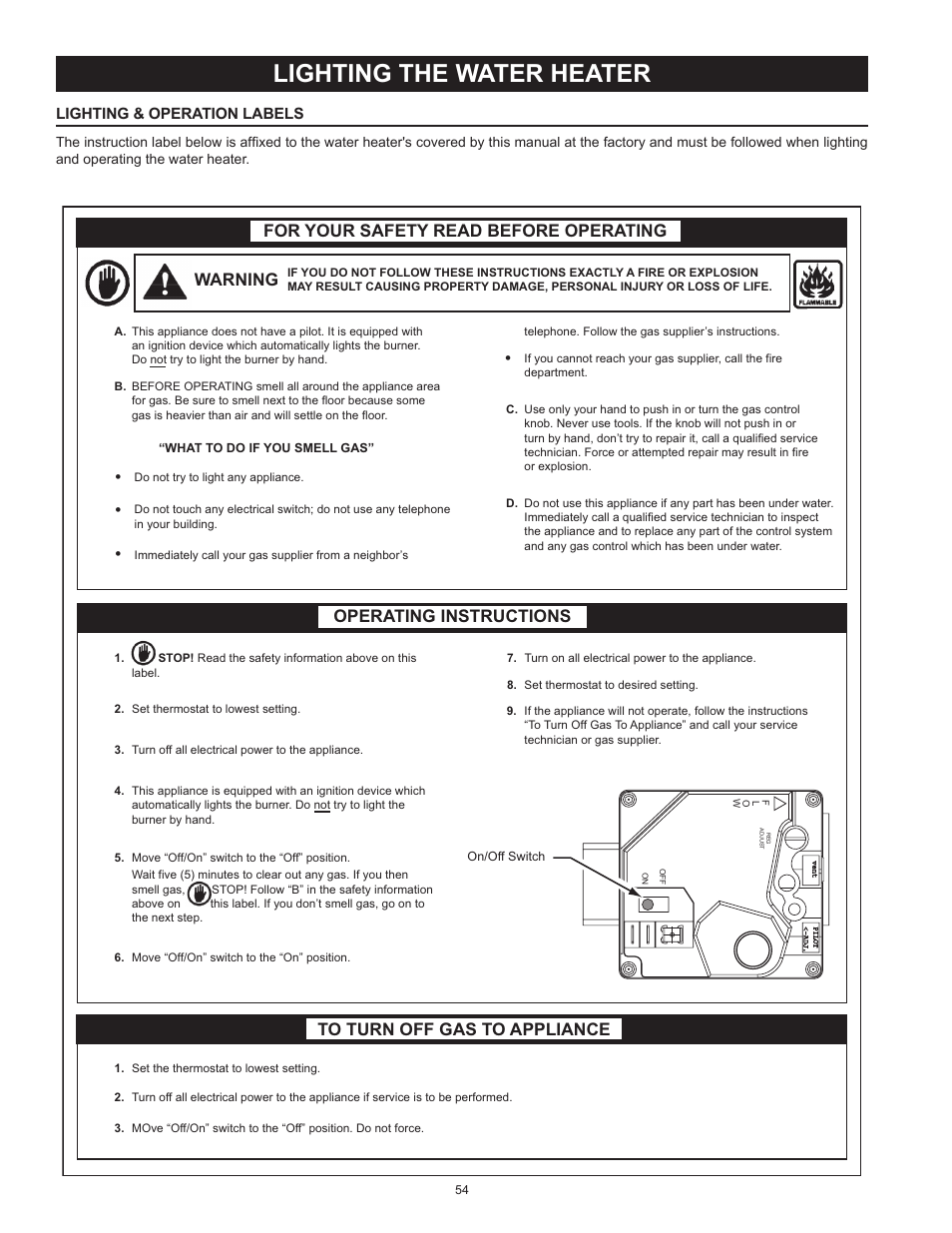 Lighting the water heater, Warning, Lighting & operation labels | State SSX100 User Manual | Page 54 / 72