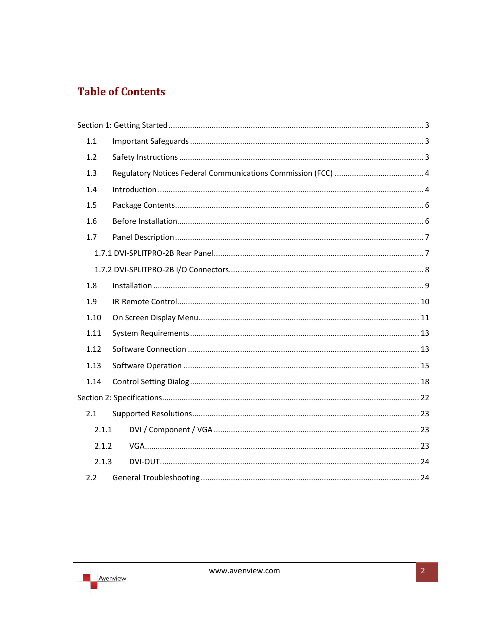 Avenview DVI-SPLITPRO-2BB User Manual | Page 2 / 26
