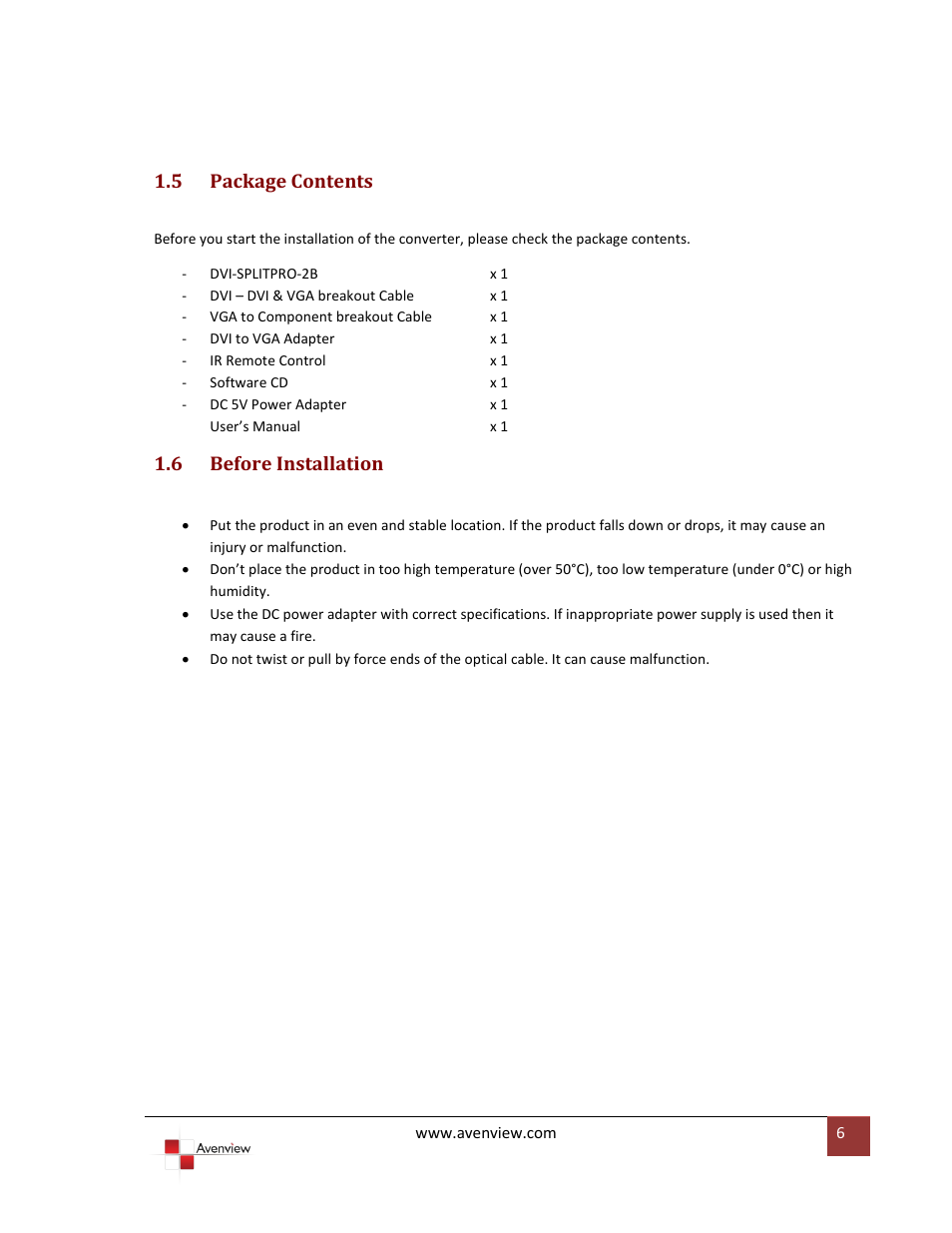 Package contents, Before installation, 5 package contents | 6 before installation | Avenview DVI-SPLITPRO-2BB User Manual | Page 6 / 26