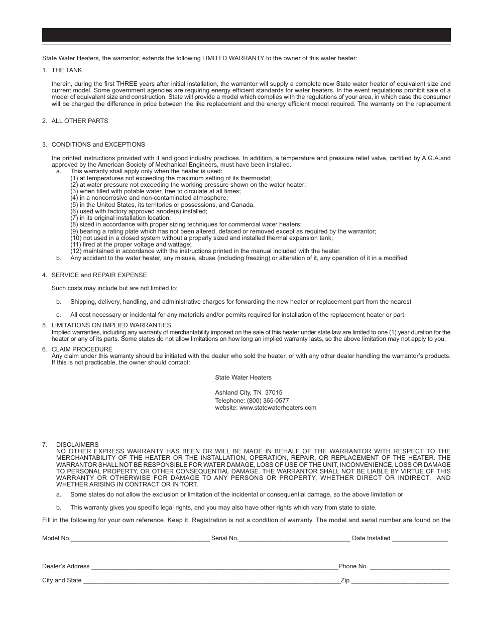 Warranty | State SSED 5 thru SSED 120 User Manual | Page 47 / 48