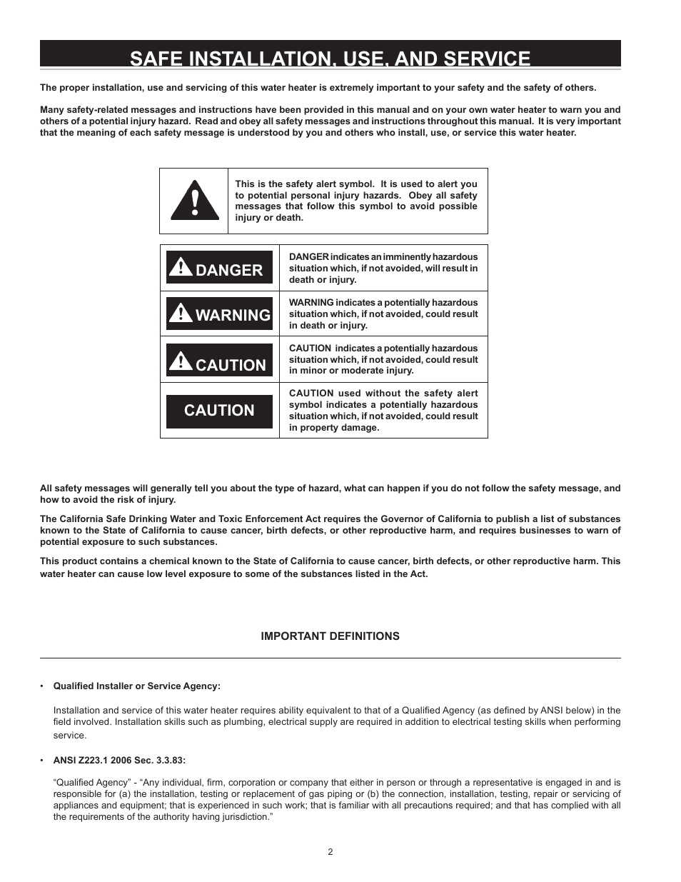 Safe installation, use, and service, Danger warning caution, Caution | State CSB 120 54 IFE User Manual | Page 2 / 52