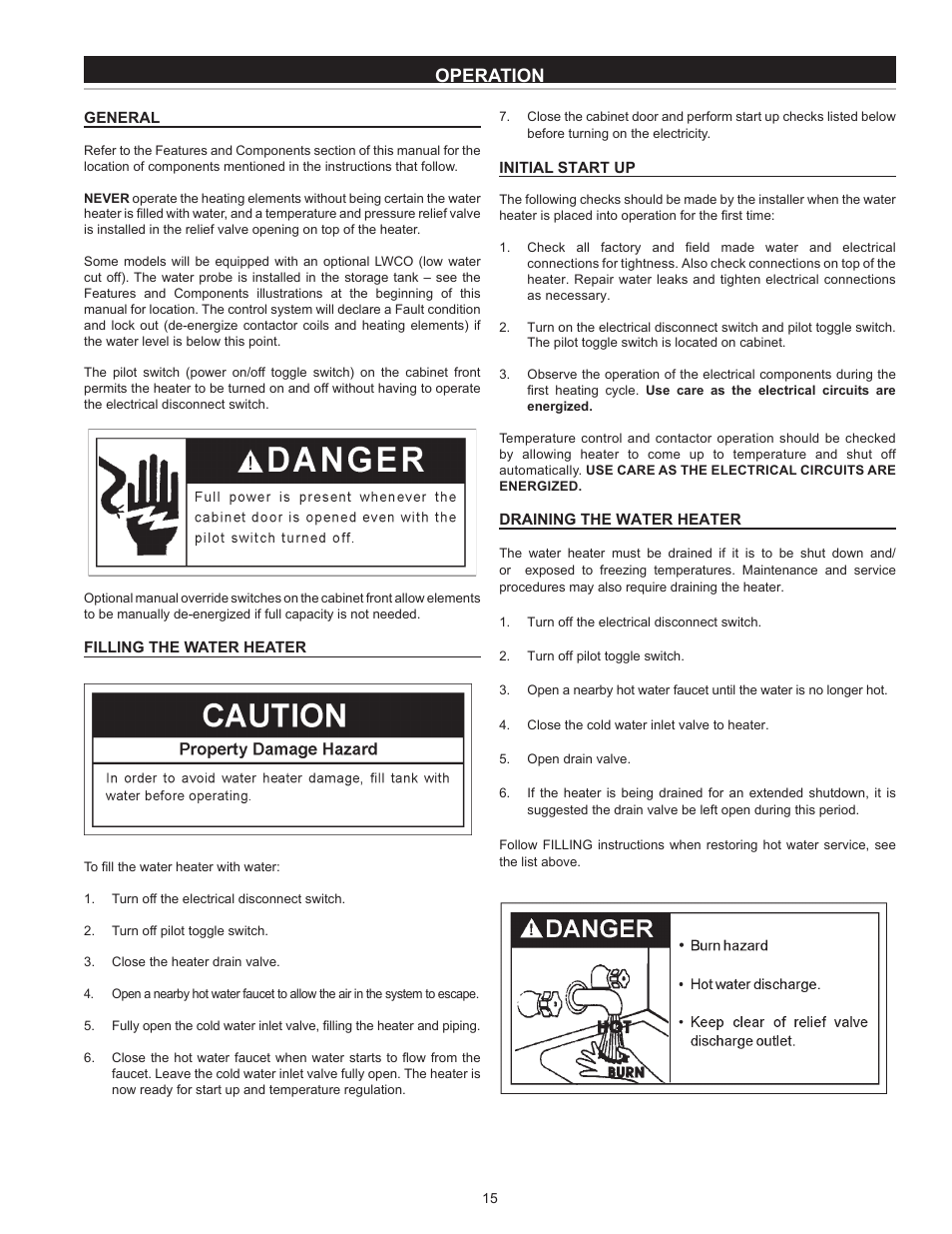 Operation, General, Filling the water heater | Initial start up, Draining the water heater | State SSE-120 User Manual | Page 15 / 48