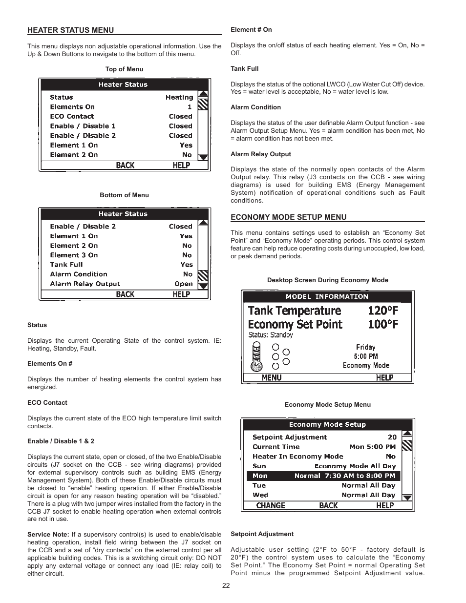 Heater status menu, Economy mode setup menu | State SSE-120 User Manual | Page 22 / 48