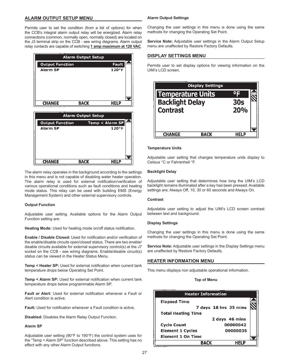 Alarm output setup menu, Display settings menu, Heater information menu | State SSE-120 User Manual | Page 27 / 48