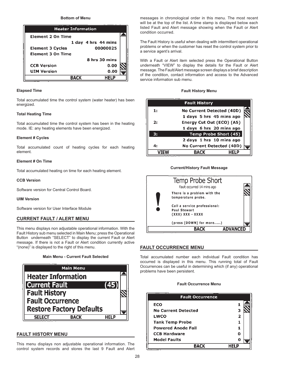 Current fault / alert menu, Fault history menu, Fault occurrence menu | State SSE-120 User Manual | Page 28 / 48