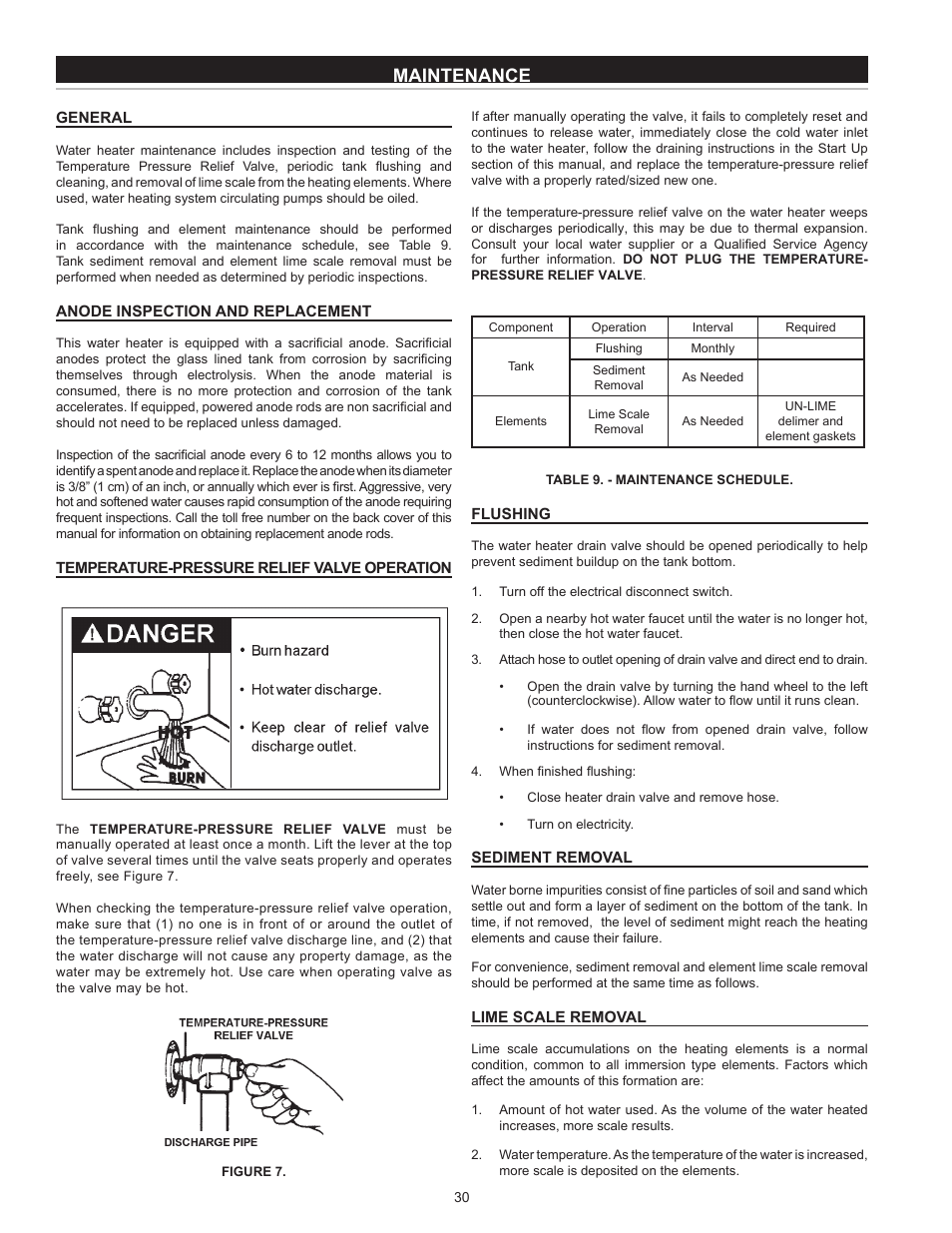 Maintenance, General, Anode inspection and replacement | Temperature-pressure relief valve operation, Flushing, Sediment removal, Lime scale removal | State SSE-120 User Manual | Page 30 / 48