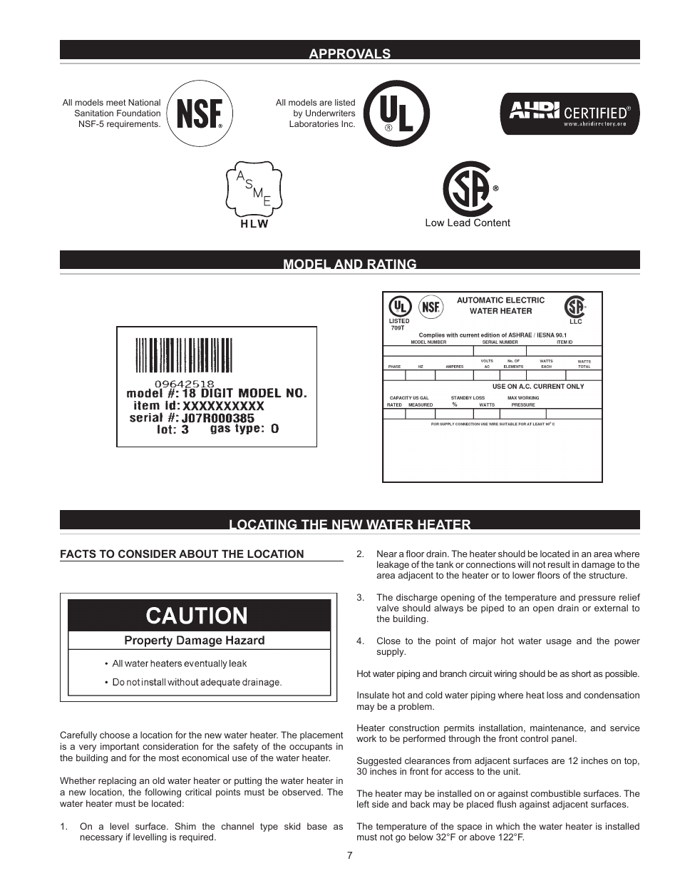 Approvals, Model and rating, Locating the new water heater | Facts to consider about the location | State SSE-120 User Manual | Page 7 / 48