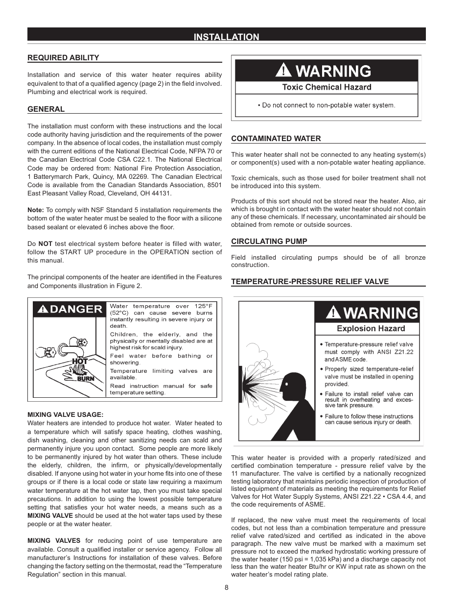 Installation, Required ability, General | Contaminated water, Circulating pump, Temperature-pressure relief valve | State SSE-120 User Manual | Page 8 / 48