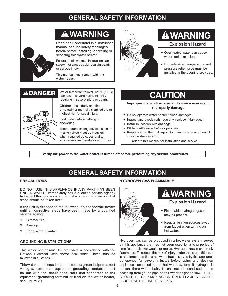 Precautions, Grounding instructions, Hydrogen gas flammable | Caution, General safety information, Explosion hazard | State SBN85 390NE(A User Manual | Page 5 / 52