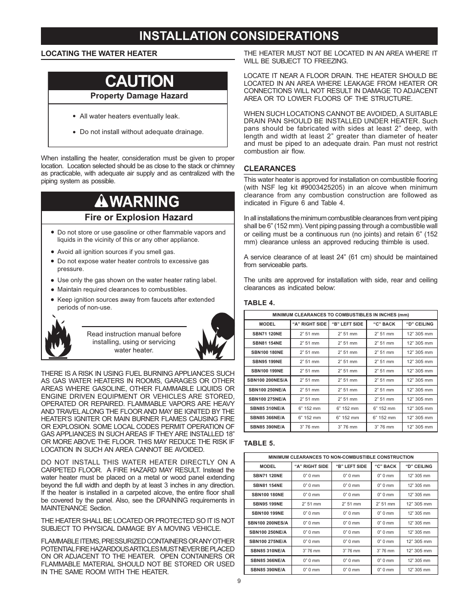 Locating the water heater, Clearances, Locating the water heater clearances | Caution, Installation considerations, Fire or explosion hazard, Property damage hazard | State SBN85 390NE(A User Manual | Page 9 / 52