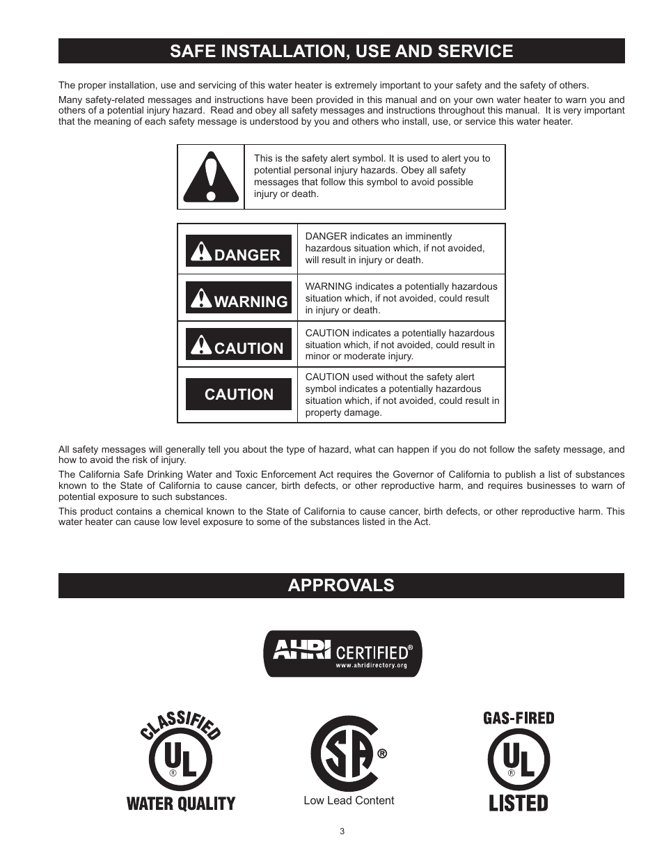 Safe installation, use and service, Approvals, Danger warning caution caution | State SBS100 76NE User Manual | Page 3 / 36