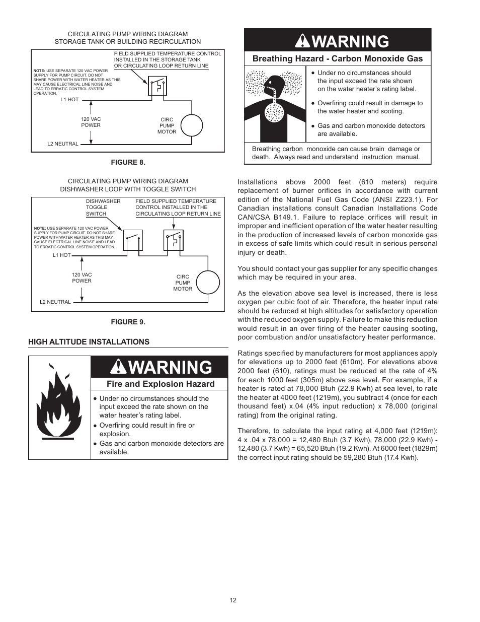 Breathing hazard - carbon monoxide gas, Fire and explosion hazard, High altitude installations | State GPG 81 370NEA User Manual | Page 12 / 56