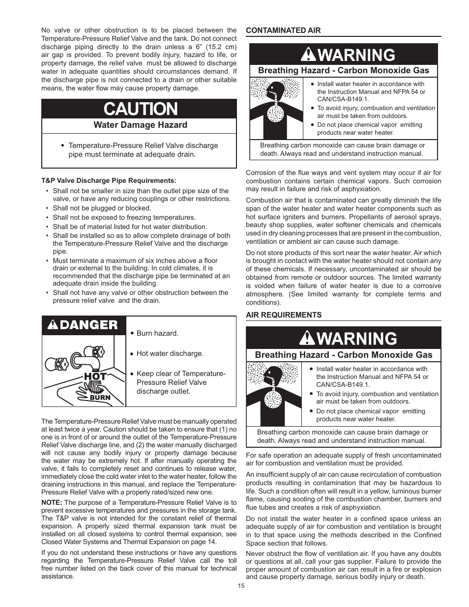 Caution, Water damage hazard, Breathing hazard - carbon monoxide gas | State GPG 81 370NEA User Manual | Page 15 / 56