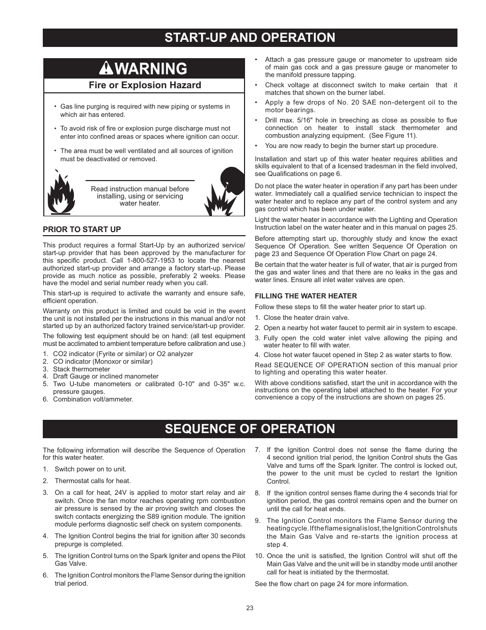 Start-up and operation sequence of operation, Fire or explosion hazard | State GPG 81 370NEA User Manual | Page 23 / 56