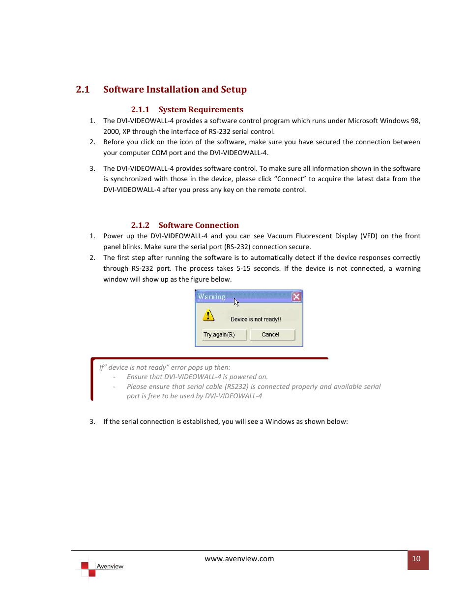 1 software installation and setup, 1 system requirements, 2 software connection | Software installation and setup, System requirements, Software connection | Avenview DVI-VIDEOWALL-4 User Manual | Page 10 / 29